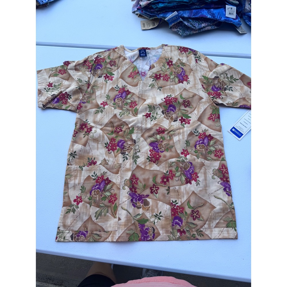 Barco Uniforms Floral Scrub Top V-Neck Tan Purple Pink Pockets Made in USA NWT